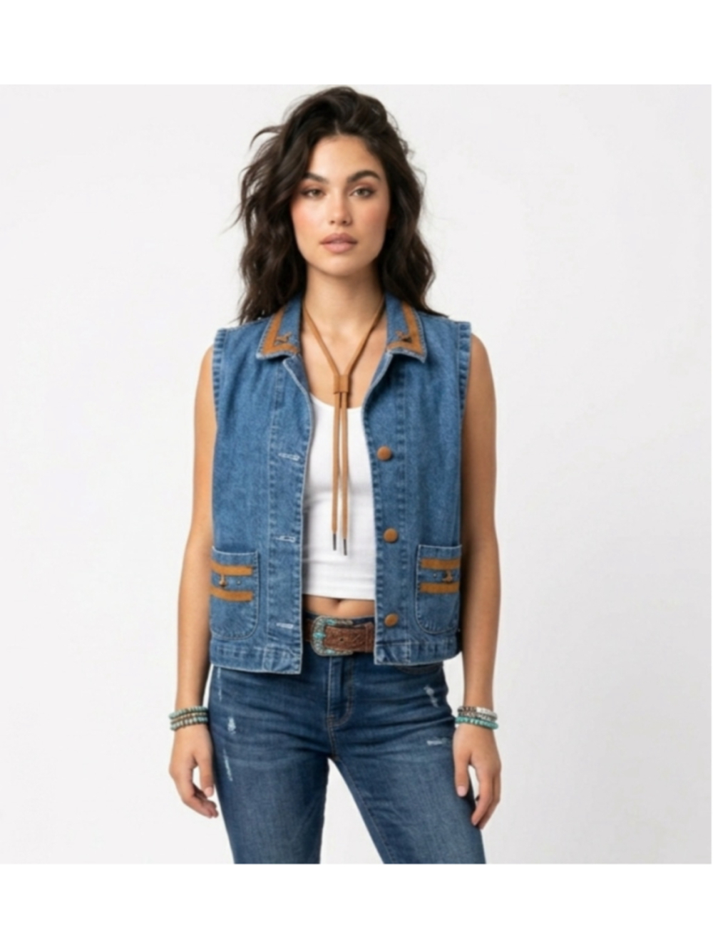 Krazy Larry Vintage Denim Western Vest Suede Trim Size Medium